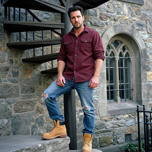 Photograph of a handsome, dark-haired man with a beard, wearing a maroon shirt, ripped jeans, and tan boots, leaning against a stone