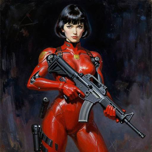 Digital painting of a serious-looking woman in a red, futuristic, form-fitting suit holding a rifle, with short black hair, dark background.