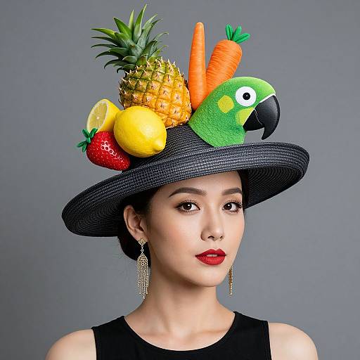 Photograph of an Asian woman with fair skin, red lipstick, black sleeveless top, and a black hat adorned with a pineapple, lemon, strawberry