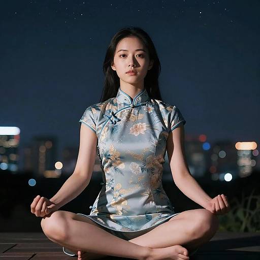Photograph of an Asian woman with long black hair, sitting cross-legged in a meditation pose at night, wearing a light blue, floral-patterned che