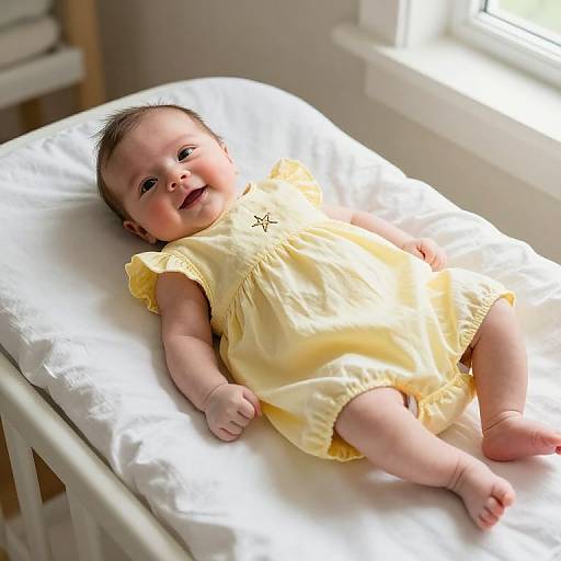 Photograph of a smiling baby with light skin and dark hair, wearing a yellow dress with a star embroidery, lying on a white crib mattress in bright