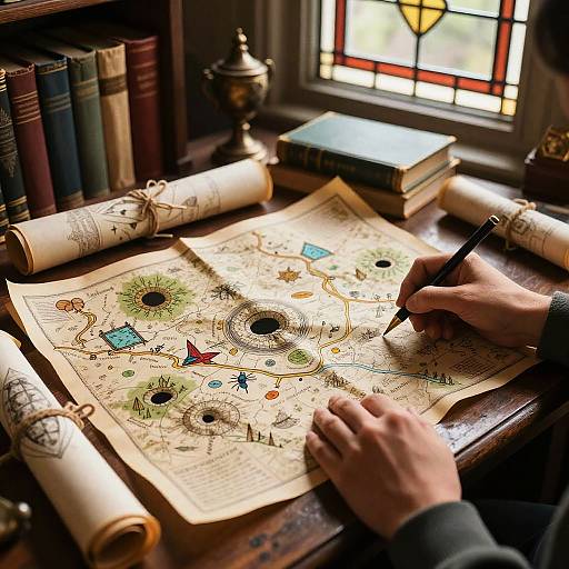 Photograph of hands drawing on an intricate, colorful map in a dimly lit, book-filled study with stained glass window.
