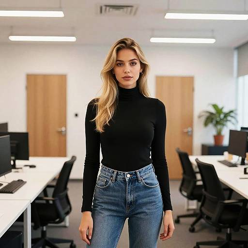 Photograph of a blonde woman with long hair, wearing a black turtleneck and high-waisted blue jeans, standing in a modern, brightly