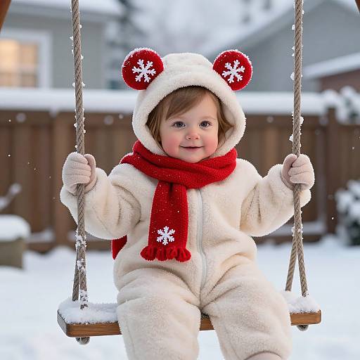 Photograph of a smiling baby in a white, fluffy bear onesie with red ears and scarf, sitting on a snow-covered swing in a winter backyard