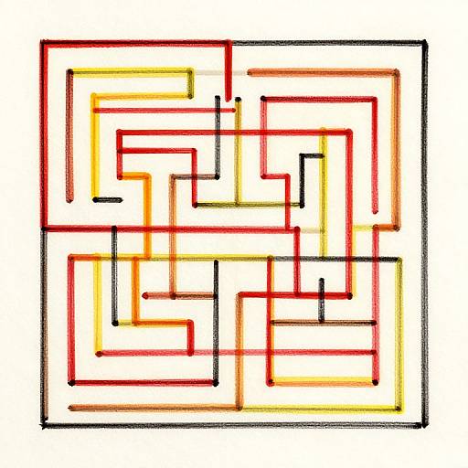 Digital illustration of a colorful, square-shaped maze with red, yellow, and black lines on a white background.