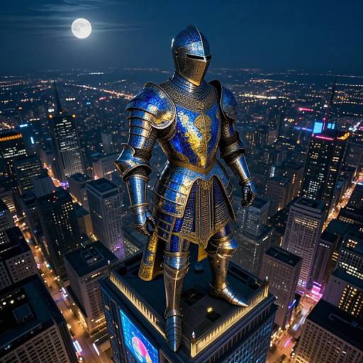 Photograph of a shiny, golden knight statue standing on a skyscraper rooftop at night, illuminated cityscape in background, full moon above.