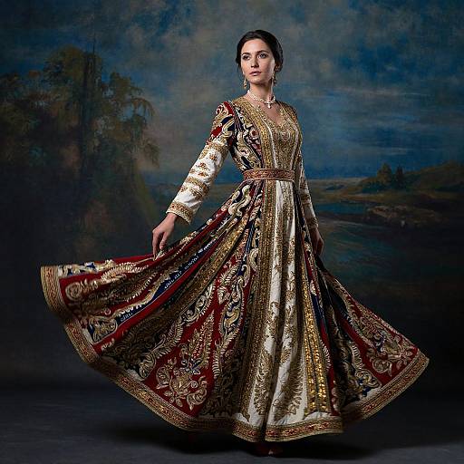 Photograph of a woman in an ornate, gold and red traditional Indian dress with intricate embroidery, standing against a dark, cloudy landscape backdrop, gracefully
