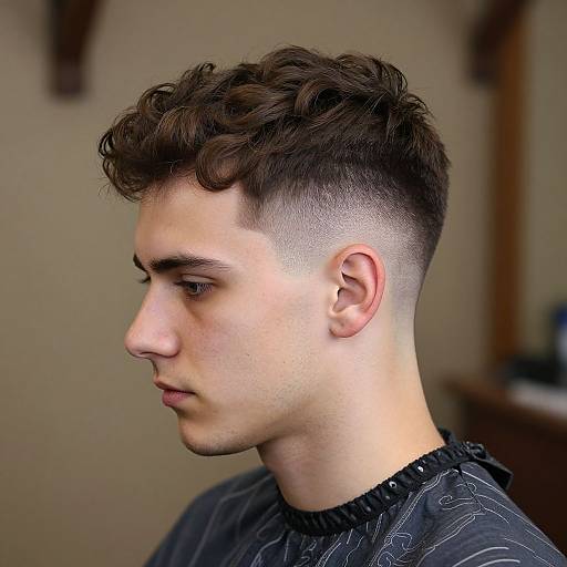 Photograph of a young man with light skin, short curly brown hair, and a close-cropped undercut, wearing a black patterned shirt, looking