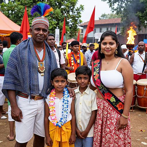 Photograph of a traditional Indian family at a cultural festival; the father in blue headdress and patterned shirt, mother in white top and red skirt