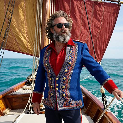 Photograph of a bearded man with curly hair, wearing a blue embroidered jacket, red shirt, and sunglasses, standing on a wooden sailboat with