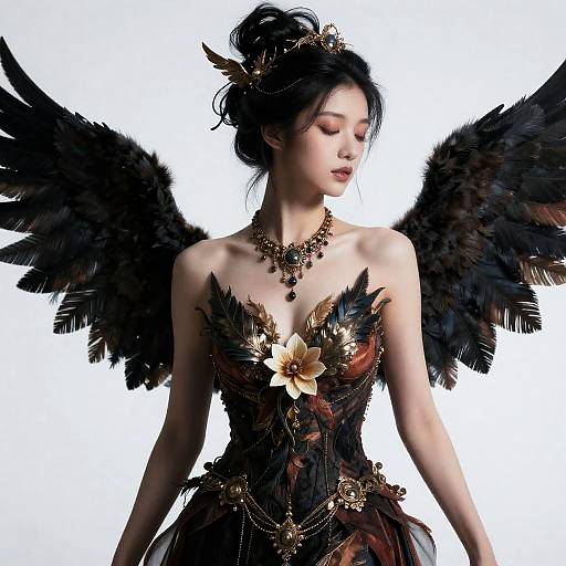 Woman in Phoenix Dress with Black Wings