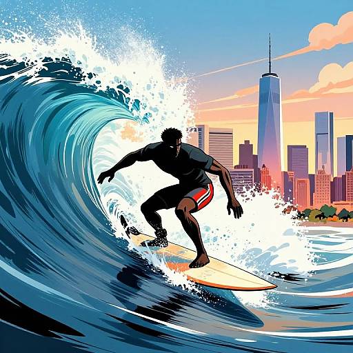 Stylized digital illustration of a muscular black surfer with short hair riding a massive wave, wearing red and black swim trunks, against a vibrant