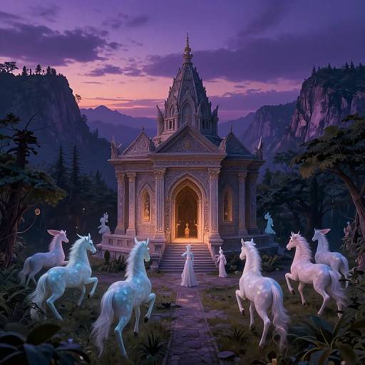 Digital fantasy artwork: Glowing purple twilight over a Gothic-style temple, surrounded by six ethereal white unicorns and a white-robed figure, set