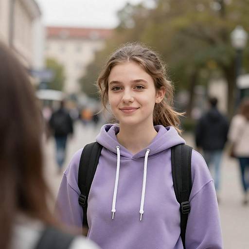 Smiling Woman in Purple Hoodie Outdoors