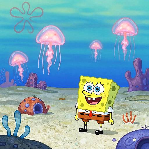 Digital cartoon of SpongeBob SquarePants in an underwater scene with jellyfish, coral, and sea creatures, standing on sandy ocean floor.