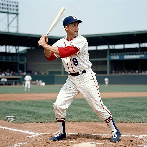 Photograph of a male baseball player in white pinstripe uniform and blue cap, number 8, mid-swing, at a stadium.