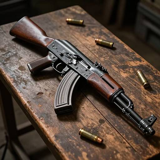 Photograph of a vintage wooden-stock pistol with brass bullets scattered on a weathered, rustic wooden table in dim lighting.