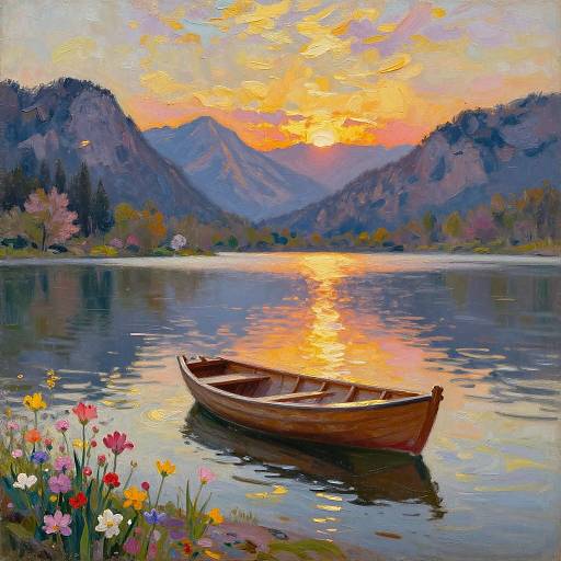 Impressionist Mountain Lake at Sunset