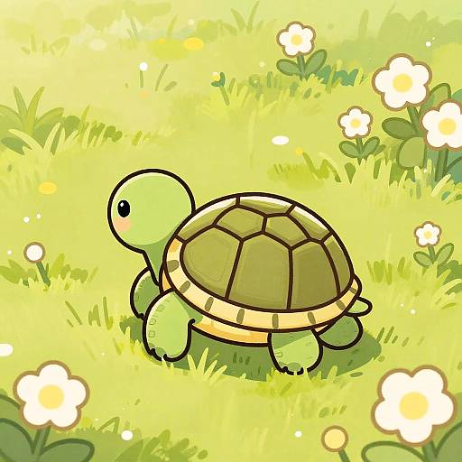 Cute cartoon turtle with green shell and yellow stripes in bright, sunlit grassy field with white flowers. Digital art style.