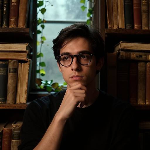 Photograph of a young man with short black hair, black glasses, and a black shirt, standing before bookshelves, chin resting on hand,