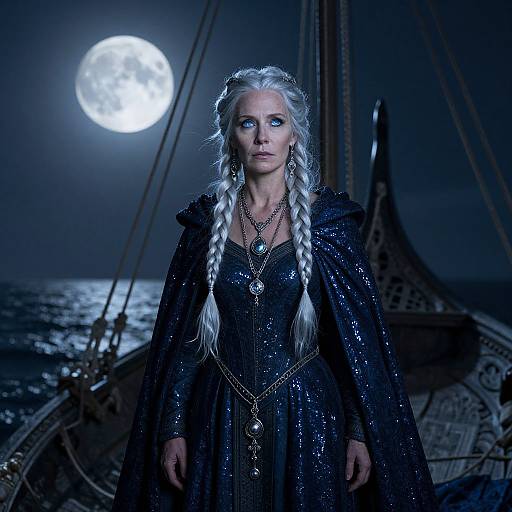 Photograph-style digital artwork of a white-haired, blue-eyed woman with braided hair, wearing a sparkling black cape and dress, standing on a ship