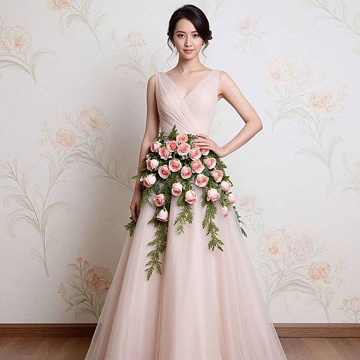 Photograph of an Asian woman in a pale pink, sleeveless, V-neck ball gown with a floral bouquet, standing against floral wallpaper.
