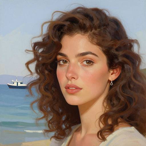 Digital painting of a beautiful woman with curly brown hair, brown eyes, and subtle makeup, wearing a white top, against a background of a blue sea
