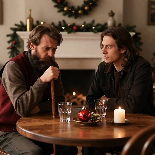 Two Men in Thoughtful Conversation at Holiday Fireplace