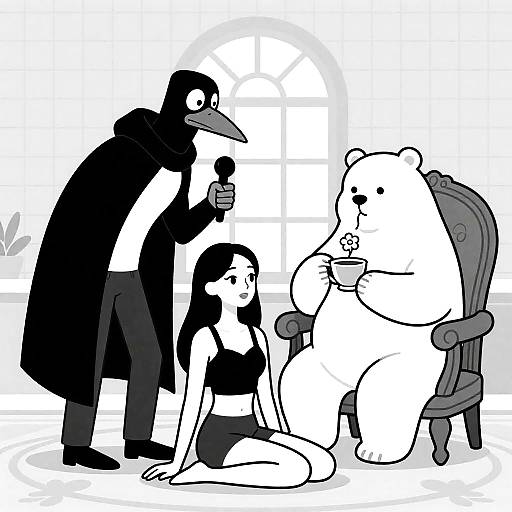 Quirky Black and White Cartoon Scene