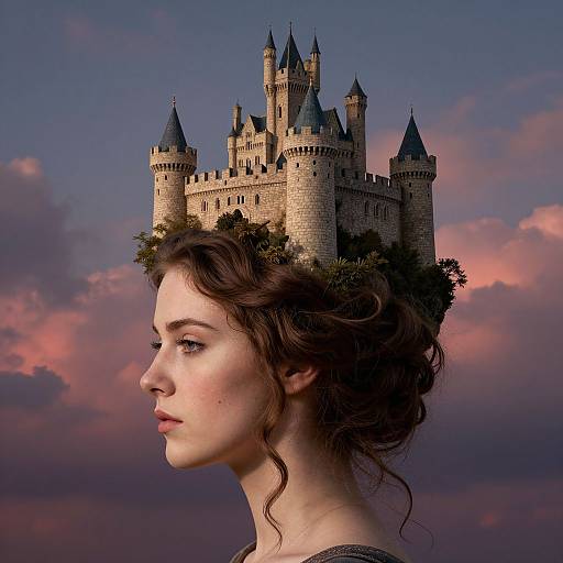 Photograph-like digital art: fair-skinned woman with wavy brown hair and crown of castle on head, profile view, pink and purple sunset sky