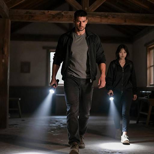 Flashlight Search in Rustic Wooden Room