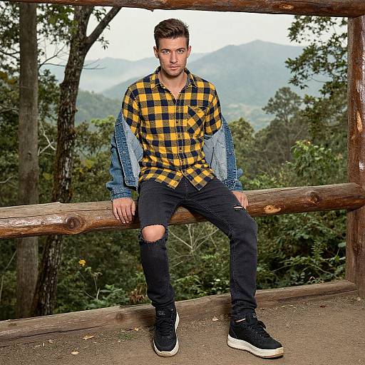 Man in Flannel Amid Misty Mountains
