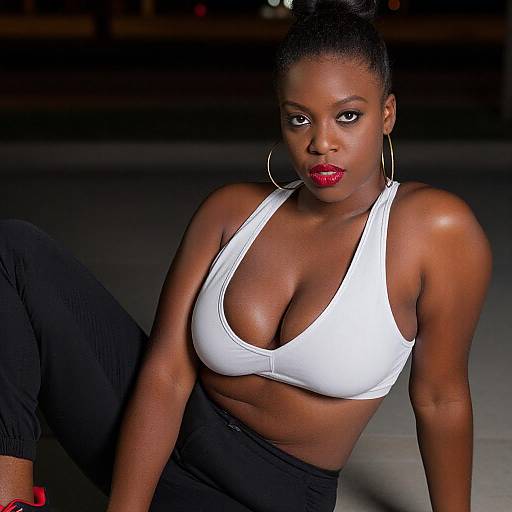 Photograph of a confident, dark-skinned woman with red lipstick, wearing a white sports bra and black leggings, sitting on a dark floor, looking