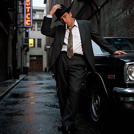 Photograph of a stylish man in a black suit, white shirt, patterned tie, and fedora, leaning on a black vintage car in a