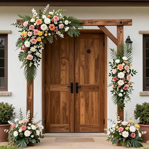 Photograph of a wooden double door adorned with lush floral arrangements featuring roses, carnations, and greenery, flanked by rustic wooden beams.