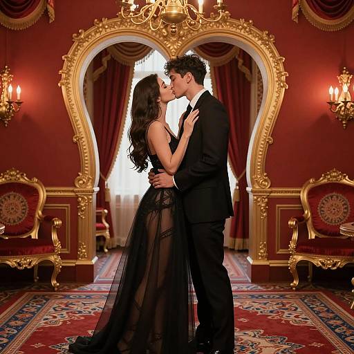 Couple Kissing in Opulent Red and Gold Room