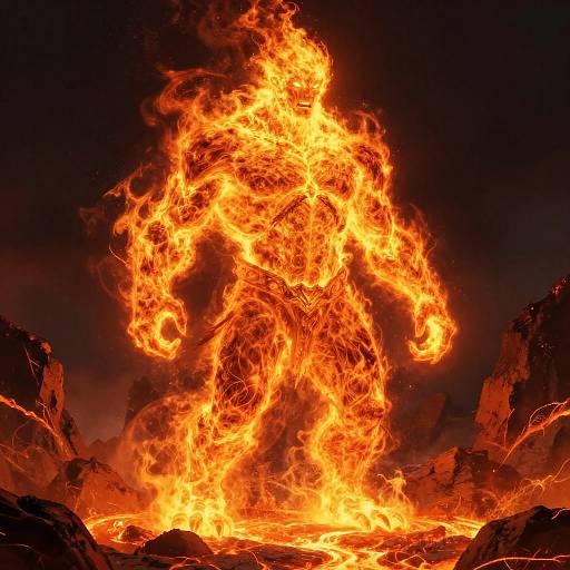 Photograph of a towering, vibrant orange and yellow fire engulfing a rocky landscape at night, with glowing embers and intense heat.