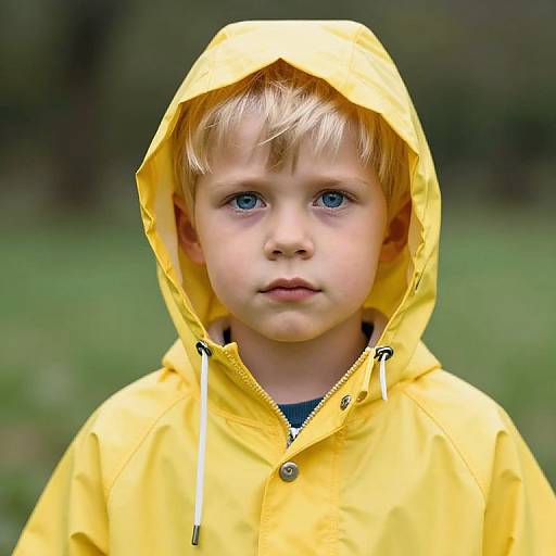 Photograph of a young blonde boy with blue eyes, wearing a bright yellow hooded raincoat, standing outdoors with a blurred green background.
