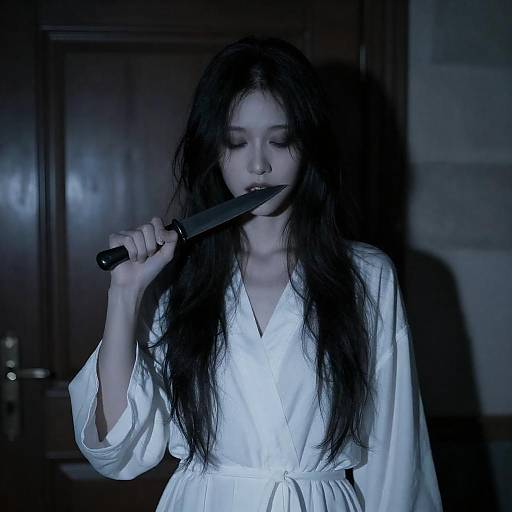 Eerie Woman Holding Knife with Closed Eyes