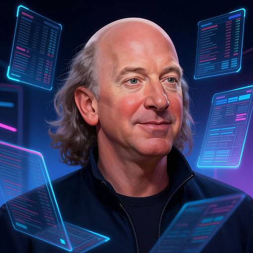 Photorealistic CGI of middle-aged bald man with gray hair, wearing black jacket, surrounded by glowing, floating digital screens with code.