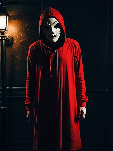 Man Wearing Red Creepypasta Costume and Mask