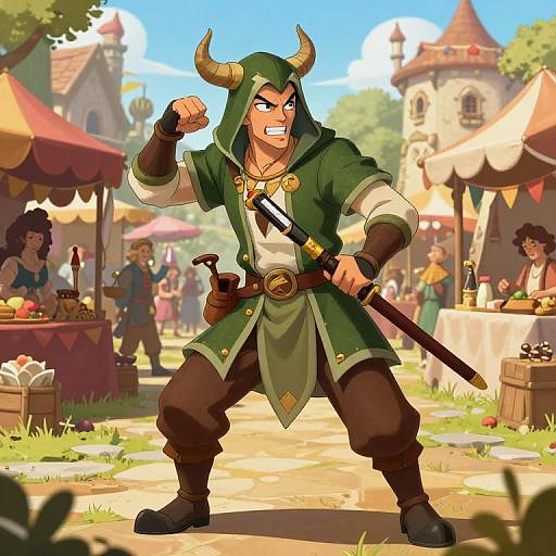 Digital illustration of a fierce, horned, green-robed adventurer with a sword, standing in a vibrant, sunny market with colorful stalls and people in