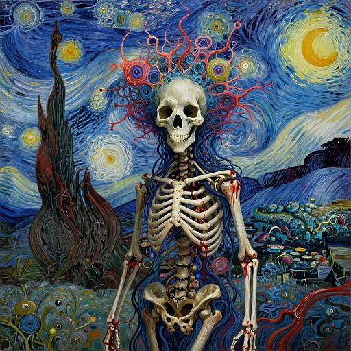 Digital artwork of a skeletal figure with red, swirling hair in a vibrant, Van Gogh-style night sky, featuring colorful stars and a village. Blood