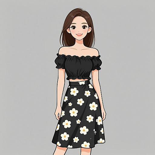 Digital anime-style drawing of a young woman with long brown hair, wearing a black off-shoulder top and black floral skirt, against a light blue