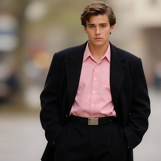 Photograph of a young Caucasian man with brown hair, wearing a pink button-up shirt, black blazer, and black pants, standing confidently with hands