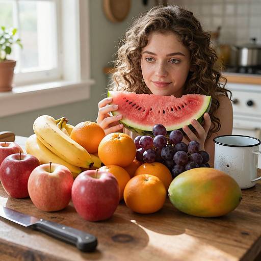 Photograph of a curly-haired woman with fair skin, holding a slice of watermelon, surrounded by fruits and a knife on a wooden kitchen table,