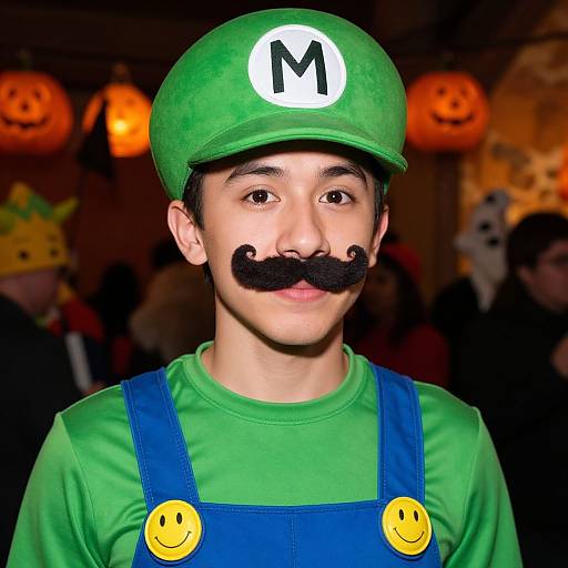 Photograph of a young man with light skin, black mustache, green hat and shirt, blue overalls with smiley buttons, in a Halloween