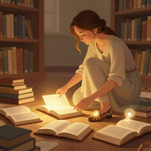 Digital illustration of a young woman with long brown hair, wearing a white dress and black shoes, reading glowing books in a warmly lit library.