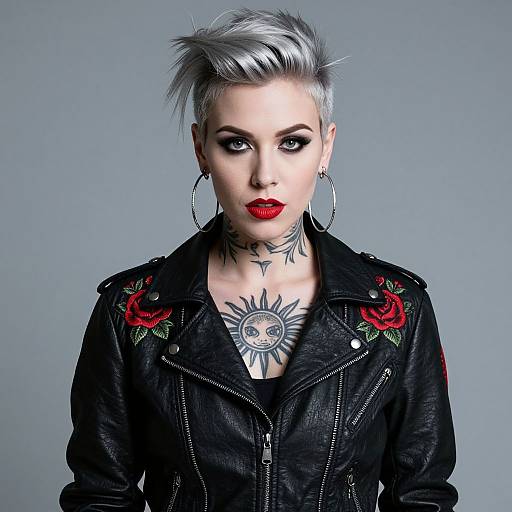 Photograph of a pale-skinned woman with silver mohawk, red lipstick, black leather jacket with red roses, large hoop earrings, and sun tattoo