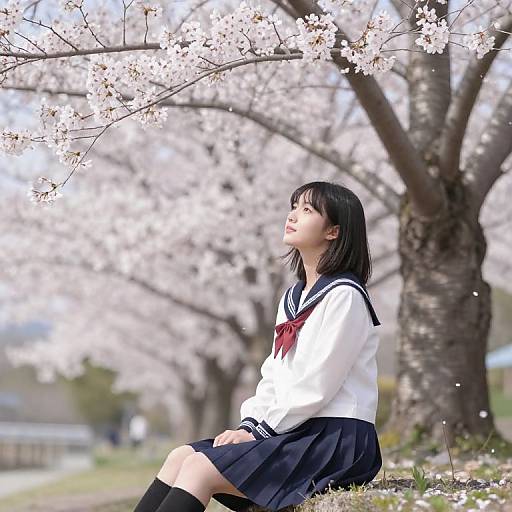 Photograph of an Asian schoolgirl with black hair, wearing a white sailor uniform and navy skirt, sitting under cherry blossoms, looking upward. Bright